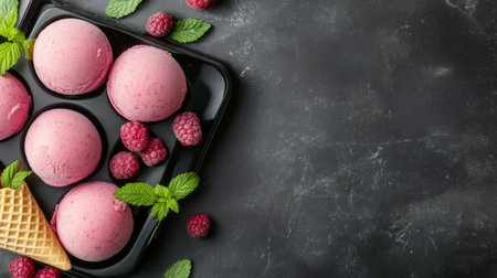 Four ice cream cones filled with soft pink ice cream are neatly arranged on a light marble background. Their inviting appearance suggests a delightful treat perfect for warm weather.の素材