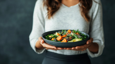 A young woman with long hair sits in a contemporary indoor space, holding a tray with small potted herbs. She has a thoughtful expression, showing her love for plants and gardening.の素材