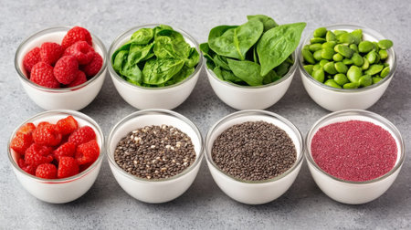 Various nutritious items arranged in small bowls on a gray surface. Ingredients include chia seeds, blueberries, oats, strawberries, raspberries, and almonds. This setup promotes a healthy lifestyle.の素材