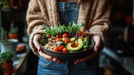 A person in a knitted sweater holds a dark bowl filled with a colorful vegetable stew. Bright pieces of pumpkin, beans, and herbs create an inviting autumn feel, suggesting comfort and warmth.の素材
