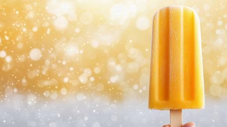 A person is holding a vibrant yellow popsicle while standing in a bright outdoor setting. Sunlight highlights the joyful moment, suggesting a carefree summer experience.の素材