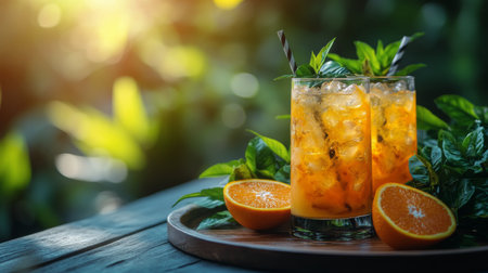 Two colorful drinks with ice sit on a wooden tray in a bright cafe. The setting has greenery and a lively atmosphere with light streaming through the windows.の素材