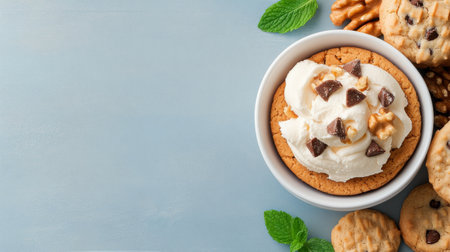 A glass jar filled with creamy nut spread sits next to a stack of golden brown cookies and a few almonds on a gray countertop. The setup creates an inviting snack display.の素材