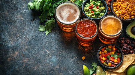 A vibrant outdoor restaurant setting features two cold drinks alongside a platter of nachos topped with fresh salsa. Guests enjoy the lively atmosphere at sunset.の素材
