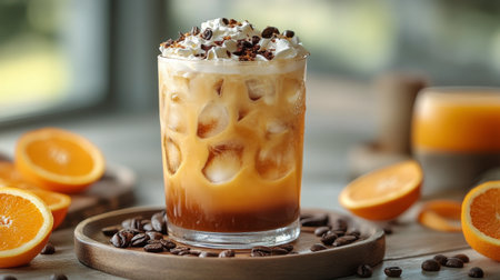Two colorful drinks with ice sit on a wooden tray in a bright cafe. The setting has greenery and a lively atmosphere with light streaming through the windows.の素材