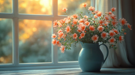 A vintage watering can be filled with bright flowers rests on a soft knit blanket by a window. Soft sunlight filters through, illuminating the colorful blooms and creating a warm atmosphere.の素材