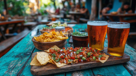 A vibrant outdoor restaurant setting features two cold drinks alongside a platter of nachos topped with fresh salsa. Guests enjoy the lively atmosphere at sunset.の素材