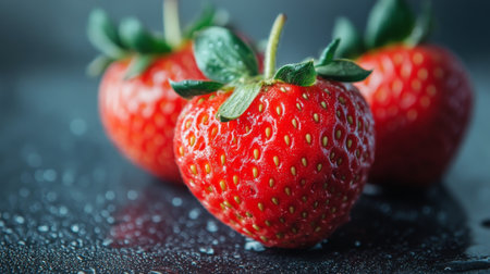 Juicy red strawberries are arranged closely together, glistening with water droplets after a thorough wash. The vibrant color and texture draw attention in a bright kitchen light setting.の素材
