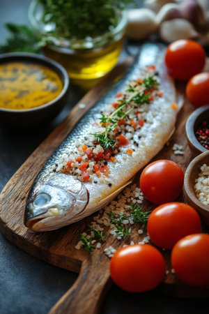 A whole fish sits on a wooden cutting board alongside fresh tomatoes and a bowl of colorful vegetable mix. Ingredients are neatly arranged for a nutritious cooking session.の素材