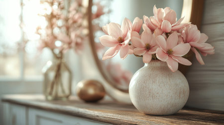 Soft pink magnolia blossoms are arranged elegantly in a blue ceramic vase, placed on a windowsill. Natural light enhances the beauty of the flowers against a blurred outdoor backdrop.の素材