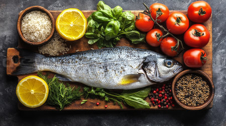 A chef prepares a large fish on a wooden board surrounded by fresh herbs, tomatoes, spices, and lemon slices. The inviting kitchen setup enhances the culinary experience.の素材