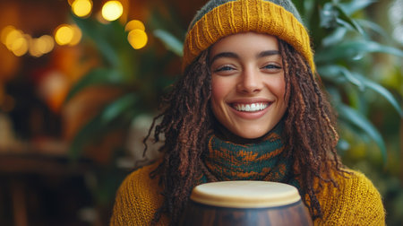 A young woman with curly hair and a bright smile holds a drum in a warm indoor environment filled with plants and soft lighting. She wears a knitted hat and scarf, exuding happiness.の素材