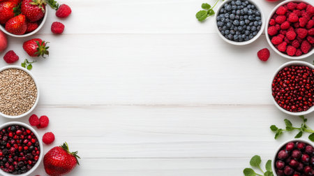 Two hands hold a bowl filled with berries, citrus fruits, and grains on a light wooden surface. Fresh greens and strawberries are arranged nearby, showing healthy food choices.の素材