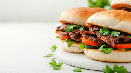 Juicy steak sandwiches are filled with tender beef, sliced tomatoes, and crisp cucumbers. Fresh cilantro adds flavor. The sandwiches are beautifully arranged on a simple white plate.の素材