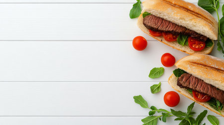 Juicy steak sandwiches are filled with tender beef, sliced tomatoes, and crisp cucumbers. Fresh cilantro adds flavor. The sandwiches are beautifully arranged on a simple white plate.の素材