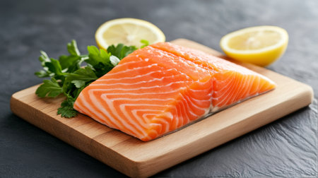 A vibrant salmon fillet is neatly placed on a wooden cutting board. Fresh herbs and lemon slices are arranged nearby, enhancing the presentation. The setting is well lit.の素材