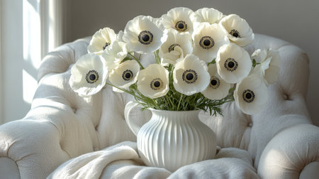 A beautiful arrangement of white flowers in a simple vase sits on a soft fabric in a bright room with sunlight streaming through a window, creating a serene atmosphere.の素材