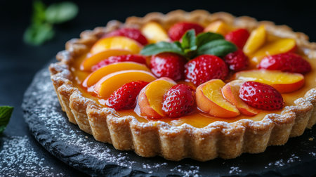Freshly baked fruit tarts showcase vibrant strawberries, raspberries, peaches, and apricots. Each tart features a buttery crust and a glossy glaze, creating an inviting dessert selection.の素材