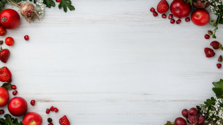 Two hands hold a bowl filled with berries, citrus fruits, and grains on a light wooden surface. Fresh greens and strawberries are arranged nearby, showing healthy food choices.の素材