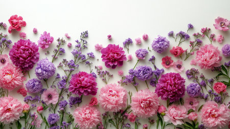 A vibrant display of pink and purple flowers is arranged on a clean white surface, featuring peonies, asters, and other floral varieties. This visually pleasing setup highlights natures beauty.の素材