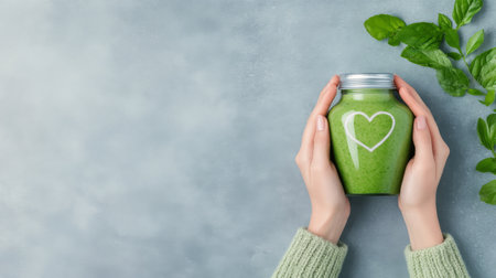 A woman stands with a green juice bottle featuring a heart etched on the front. She is dressed warmly, with a cozy sweater, and is surrounded by a softly lit background, creating a relaxed atmosphere.の素材