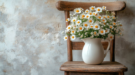 A beautiful arrangement of white flowers in a simple vase sits on a soft fabric in a bright room with sunlight streaming through a window, creating a serene atmosphere.の素材