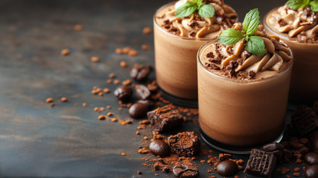 These delightful coffee flavored cupcakes feature rich chocolate frosting topped with chocolate sprinkles. They are beautifully arranged on a wooden table, inviting a sweet treat experience.の素材