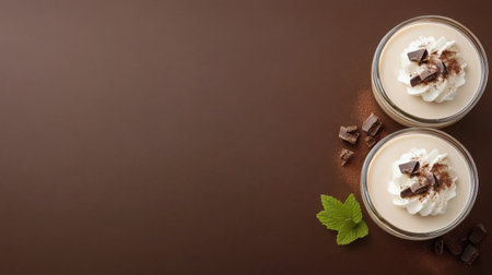 Two jars filled with a creamy dessert topped with whipped cream, chocolate chunks, and fresh mint leaves sit beautifully against a dark background, inviting indulgence and enjoyment.の素材