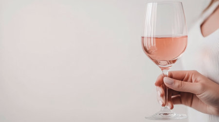 A hand delicately grasps a large glass filled with rose wine. The drink radiates a soft pink hue, enhancing the minimalistic gray background. This moment captures a refined appreciation of wine.の素材