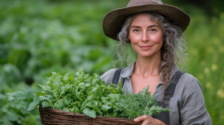 A smiling woman with long, curly gray hair holds a wicker basket full of fresh greens in a lush garden. The vibrant green plants surround her, showing a thriving environment with natural beauty.の素材