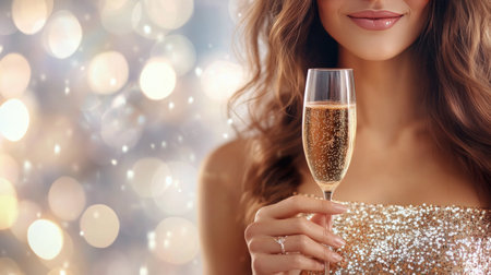 A stylish woman in a white outfit holds a glass of champagne against a chic background adorned with decorative elements, suggesting a festive and celebratory atmosphere.の素材