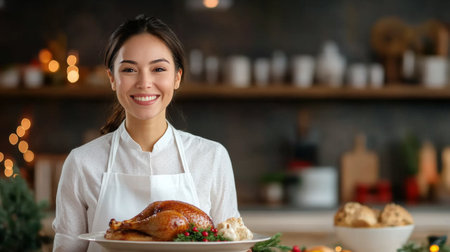 A chef skillfully carves a golden roasted turkey on a plate adorned with red berries, preparing for a holiday feast. The background is bright and festive, enhancing the joyful atmosphere.の素材