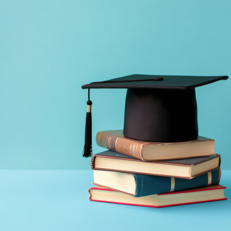 A graduation cap sits atop a neatly arranged stack of old and new books on a solid light blue surface, symbolizing academic achievement and knowledge.の素材
