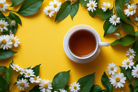 A cup of herbal tea sits in the center, surrounded by vibrant white flowers and green leaves. The bright yellow background enhances the refreshing and calming atmosphere of the arrangement.の素材
