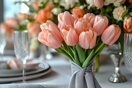 A beautifully arranged dinner table features delicate pink tulips wrapped in a gray napkin. Sparkling candlelight adds warmth, enhancing the cozy dining atmosphere.の素材