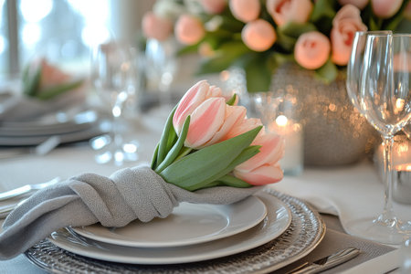 A beautifully arranged dinner table features delicate pink tulips wrapped in a gray napkin. Sparkling candlelight adds warmth, enhancing the cozy dining atmosphere.の素材