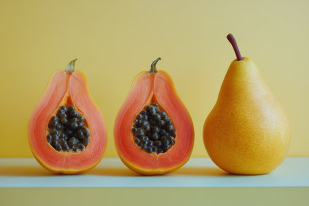 A vibrant array of fresh fruits and vegetables sits on a wooden countertop. Juicy red tomatoes are sliced and arranged on a melon.の素材