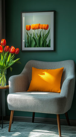 A serene corner features a comfortable armchair with a vibrant yellow cushion beside a wooden table. A vase filled with bright red tulips adds color against the green wall.の素材