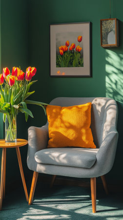 A serene corner features a comfortable armchair with a vibrant yellow cushion beside a wooden table. A vase filled with bright red tulips adds color against the green wall.の素材