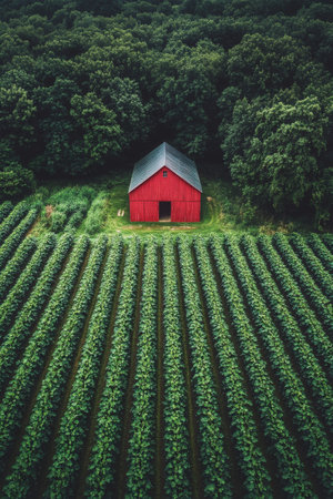 A vibrant red barn sits amidst extensive green crop rows under a clear sky. The tranquil rural scene showcases nature and agriculture, reflecting the harmony of farm life.の素材