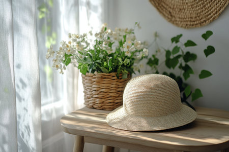 Bright sunlight streams through sheer curtains, casting playful shadows on a rustic wooden table. Two straw hats rest peacefully, adding a touch of charm to the serene indoor space.の素材