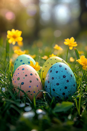 Brightly colored eggs, adorned with dots and patterns, are arranged on lush green grass. This festive display captures the essence of spring festivities and egg decorating traditions.の素材