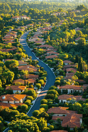 Homes with terracotta roofs and leafy gardens are arranged along a curving road. The golden light of sunset casts a warm glow over this tranquil suburban area, showcasing lush greenery.の素材