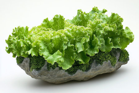 A vivid green lettuce with richly textured leaves is centered on a plain surface, highlighting its freshness and natural appeal. The folds and veins of the leaves create an inviting display.の素材