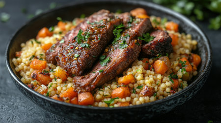A beautifully arranged dish features three pieces of grilled steak resting on a bed of fluffy couscous mixed with colorful roasted vegetables.の素材