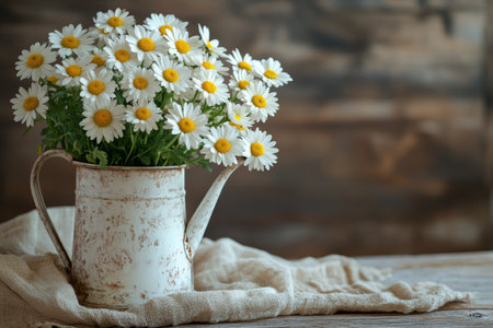 A vintage pitcher filled with fresh white daisies enhances the charm of a cozy indoor setting. Sunlight filters through the window, creating a warm atmosphere.の素材
