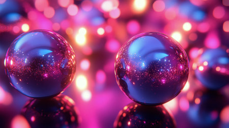 Several spherical objects with reflective surfaces float in a vivid, colorful setting. Bright hues of purple, orange, and blue create a lively atmosphere, enhancing the surreal effect.の素材