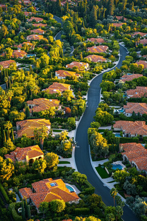 Homes with terracotta roofs and leafy gardens are arranged along a curving road. The golden light of sunset casts a warm glow over this tranquil suburban area, showcasing lush greenery.の素材
