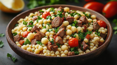 A beautifully arranged dish features three pieces of grilled steak resting on a bed of fluffy couscous mixed with colorful roasted vegetables.の素材