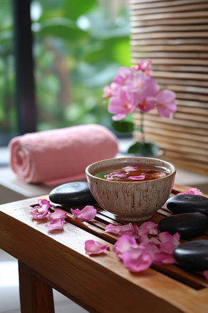 A calming spa arrangement features a ceramic cup filled with herbal tea, a rolled towel, smooth stones, and vibrant flowers. Soft candlelight adds warmth to the serene atmosphere.の素材